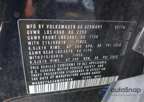 2016 Volkswagen Tiguan S z USA, uszkodzony, nr VIN WVGBV7AX4GW597848